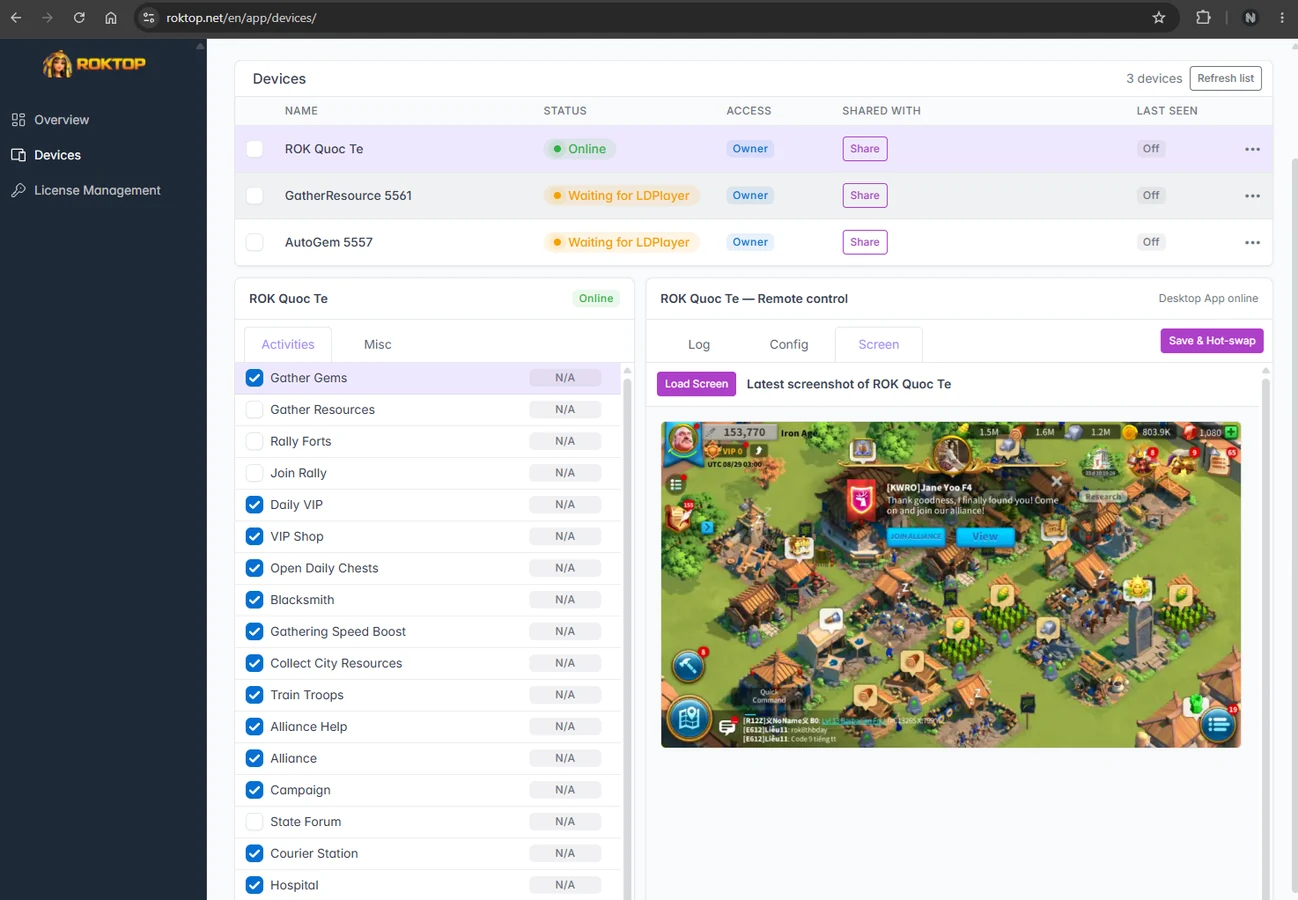 Device sharing management on the ROKTop website